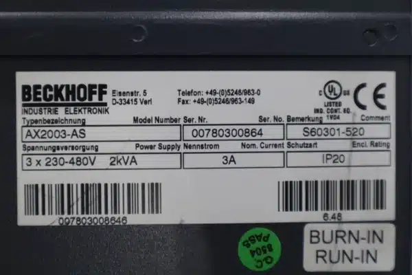 Repaired and Tested Beckhoff AX2003-AS Servo Drive, at ACCU