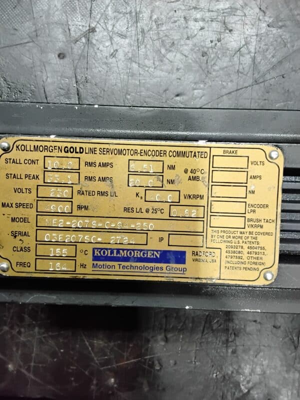 Repaired and Tested KOLLMORGEN ME2-207S-C-94-250 Servo Motor, at ACCU