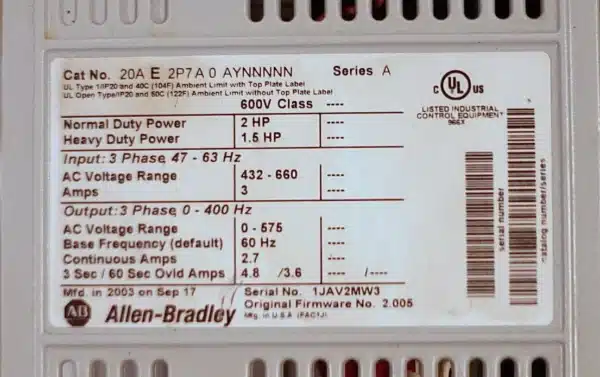 Repaired and Tested Allen Bradley 20AE2P7A0AYNNNNN Power Flex, at ACCU