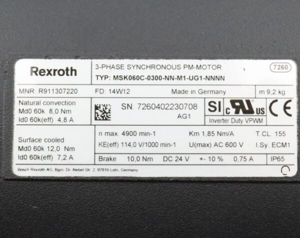 Repaired and Tested BOSCH REXTROTH MSK060C-0300-NN-M1-UG1-NNNN, at ACCU